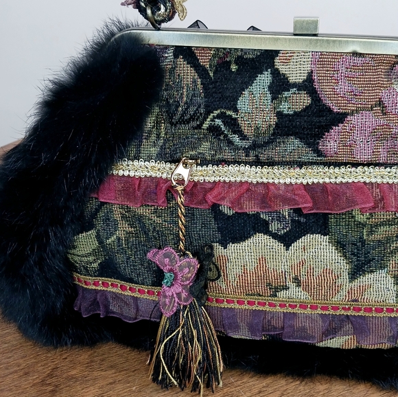 Vintage Nicole Lee Shoulder Bag Tapestry Faux Fur Boho Black - Picture 4 of 15